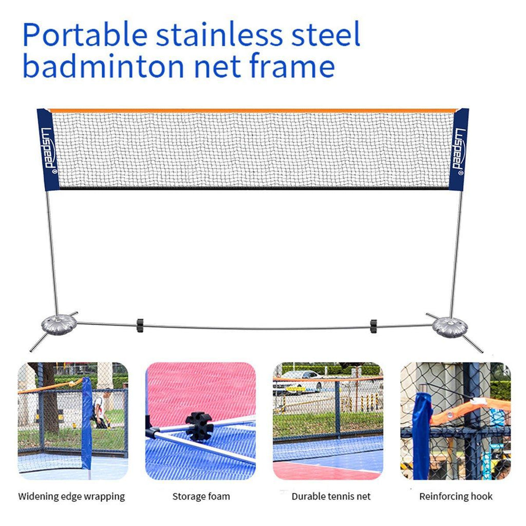 Portable outdoor badminton net in black and blue, folded and displayed without a supporting stand — view 5
