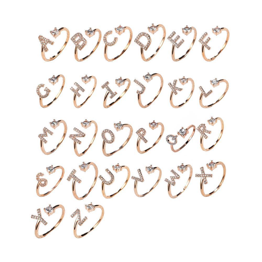 Adjustable rose gold open initial ring with sparkling zircon embellishments for women — view 2