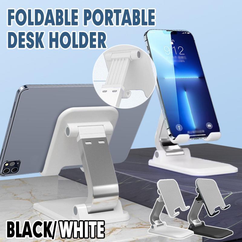 Adjustable foldable tablet stand in silver aluminum securely holding a mobile phone on a desk