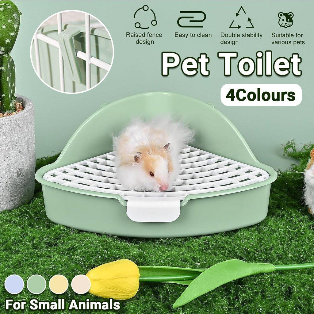 White and blue plastic small animal litter box with hygienic grid and secure cage lock