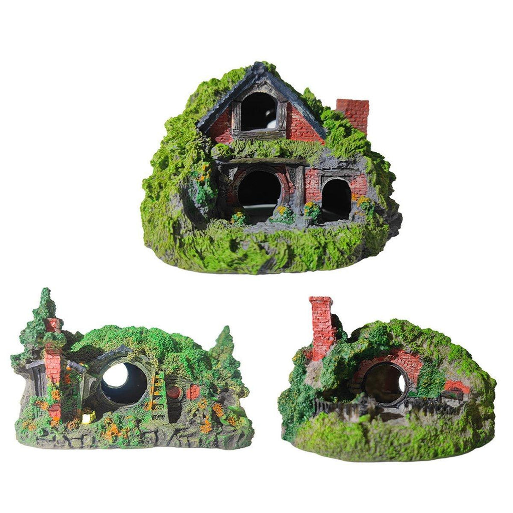 Resin grass house aquarium ornament with realistic green detailing and earthy tones for fish tanks — view 2