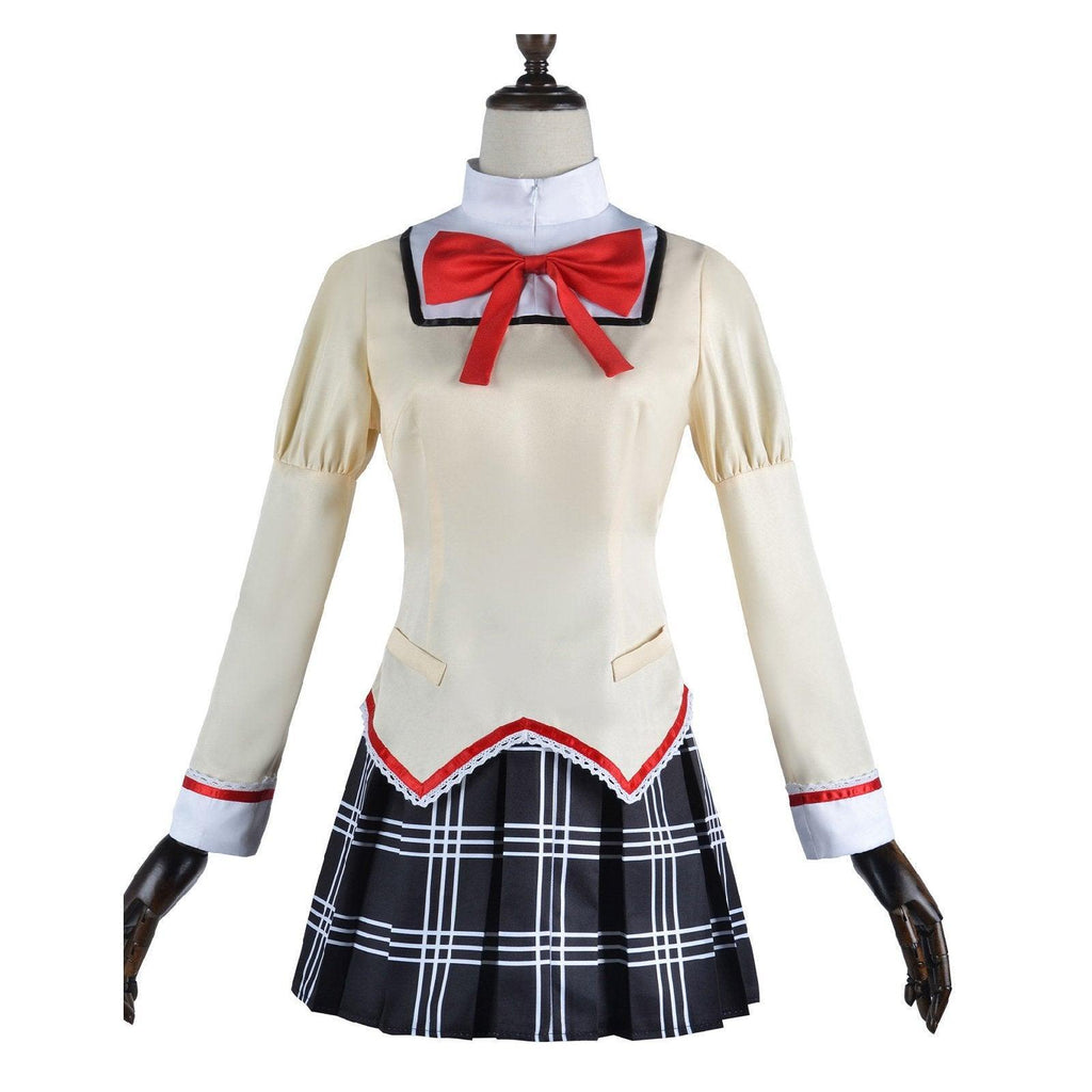 Magical girl cosplay school uniform featuring cream top, red bow tie, and black plaid skirt — view 5