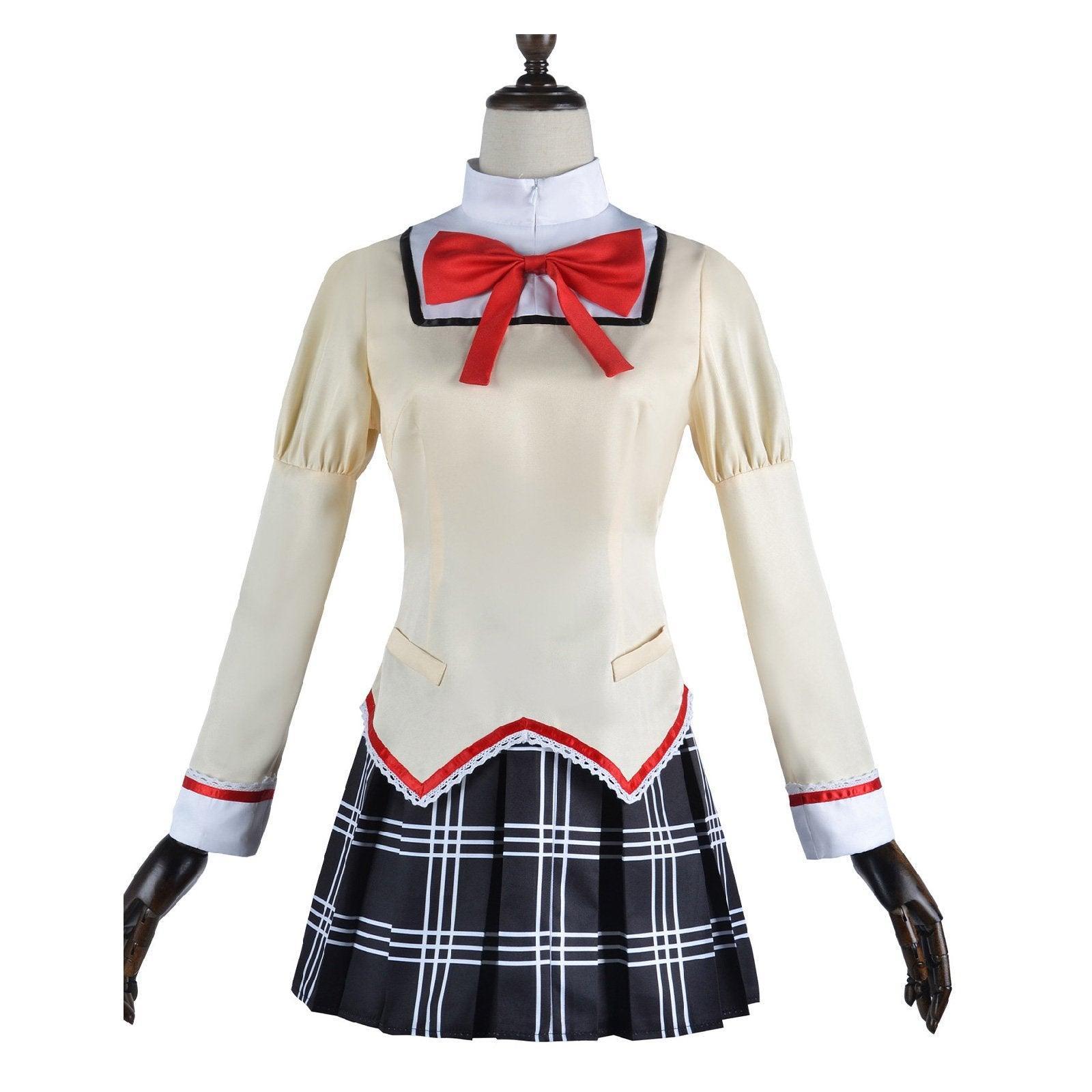Magical girl cosplay school uniform featuring cream top, red bow tie, and black plaid skirt — view 5