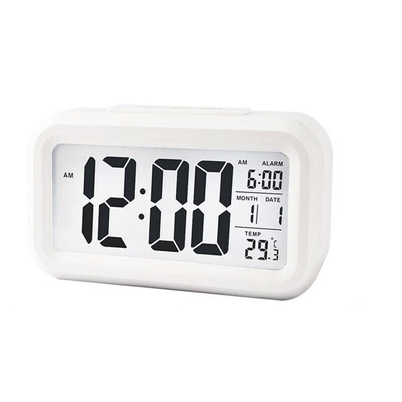 Modern digital bedside alarm clock with temperature display and LED night light in crisp white. — view 2