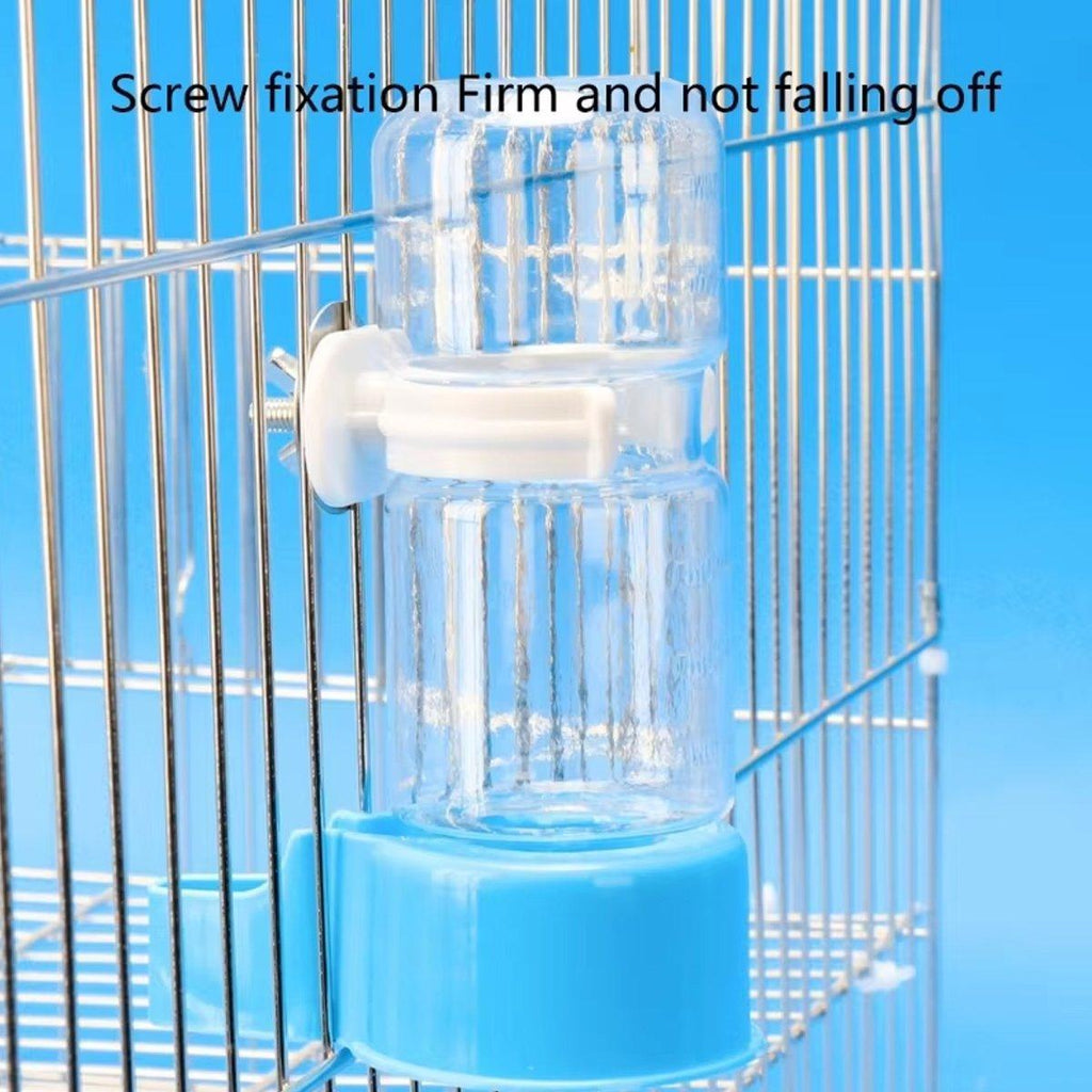 Automatic bird water feeder in transparent plastic with blue base mounted on wire cage — view 4