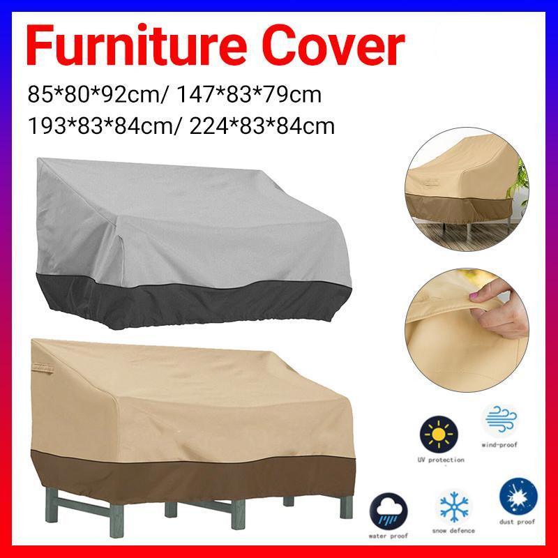 Waterproof patio chair cover in beige and coffee protecting an outdoor lounge seat from heavy rain