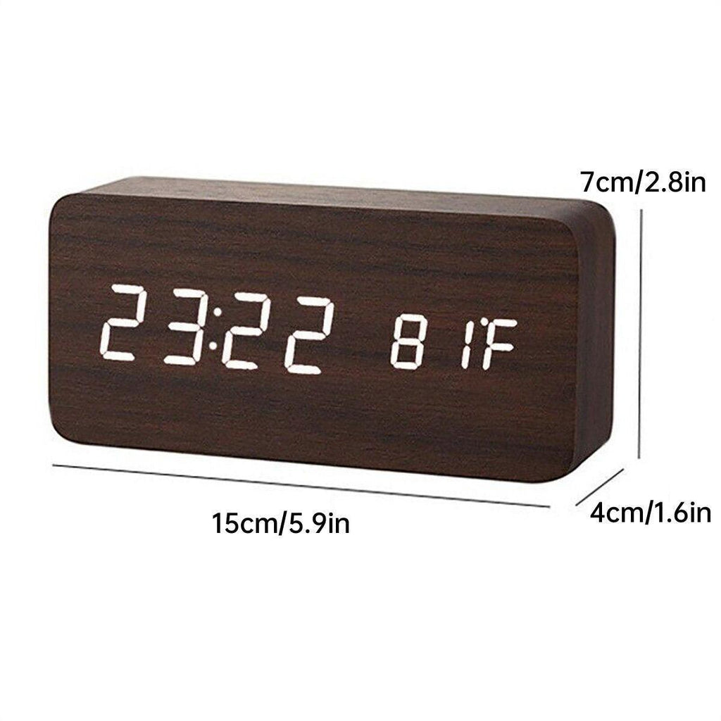 Modern minimalist wooden digital alarm clock with bright LED time and temperature display. — view 3
