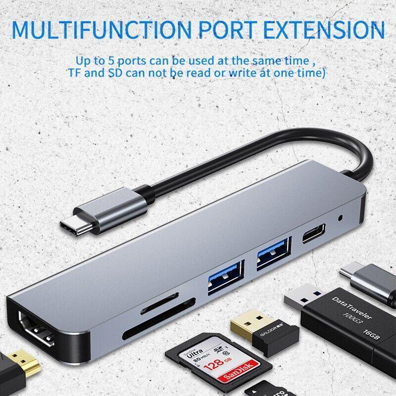 Space grey multi-port USB-C hub adapter for laptops featuring HDMI, USB, and memory card slots. — view 5