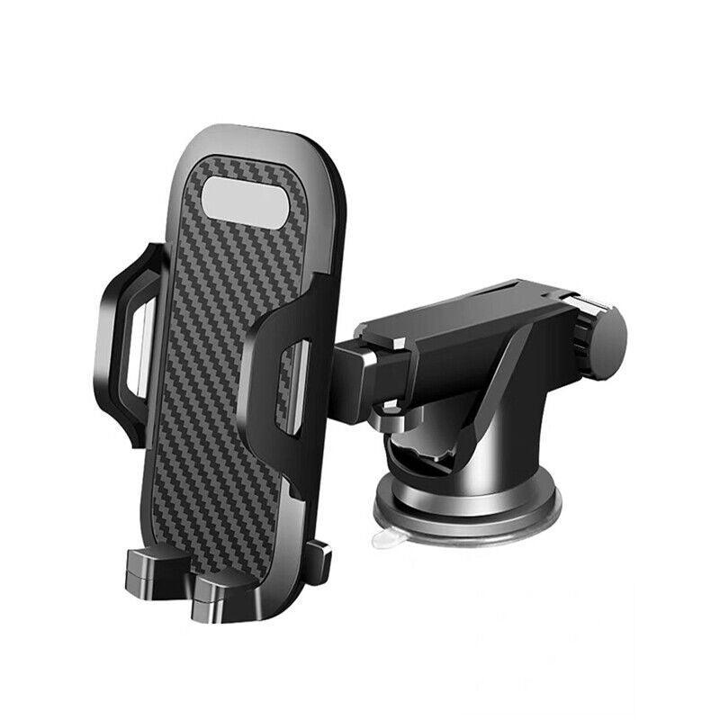 Universal car phone holder with carbon fiber finish, mounted securely on a vehicle dashboard. — view 2