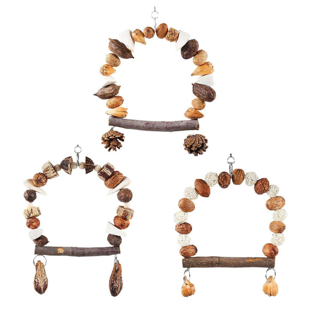 Natural wood parrot chew toy with hanging hook for beak grinding and active cage climbing — view 2