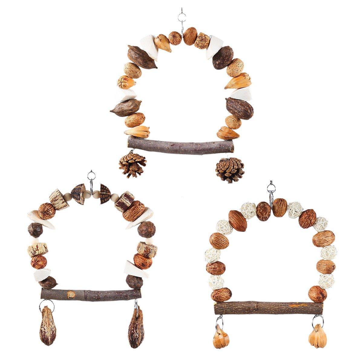 Natural wood parrot chew toy with hanging hook for beak grinding and active cage climbing — view 2