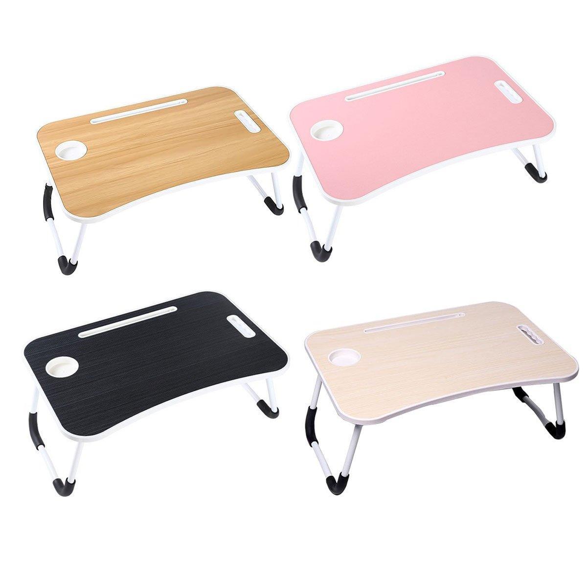 Foldable laptop bed desk in wood finish with built-in cup holder slot and metal legs — view 2