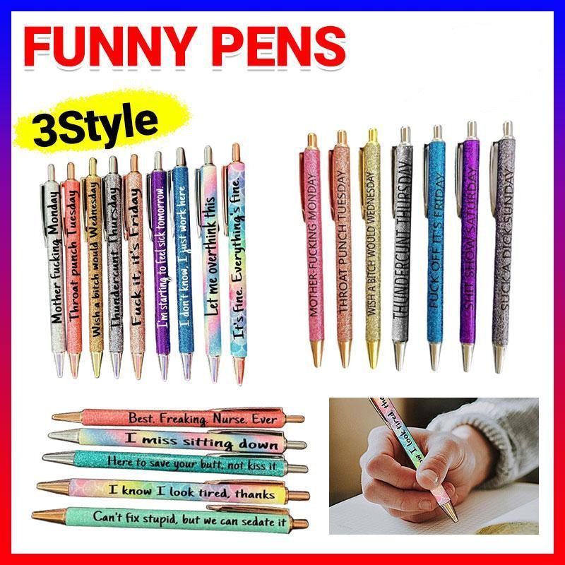 Colorful glitter ballpoint pen set with sarcastic swear word quotes and smooth black ink