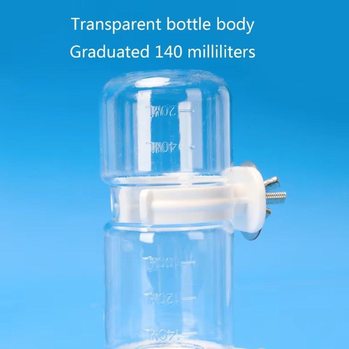 Automatic bird water feeder in transparent plastic with blue base mounted on wire cage — view 5