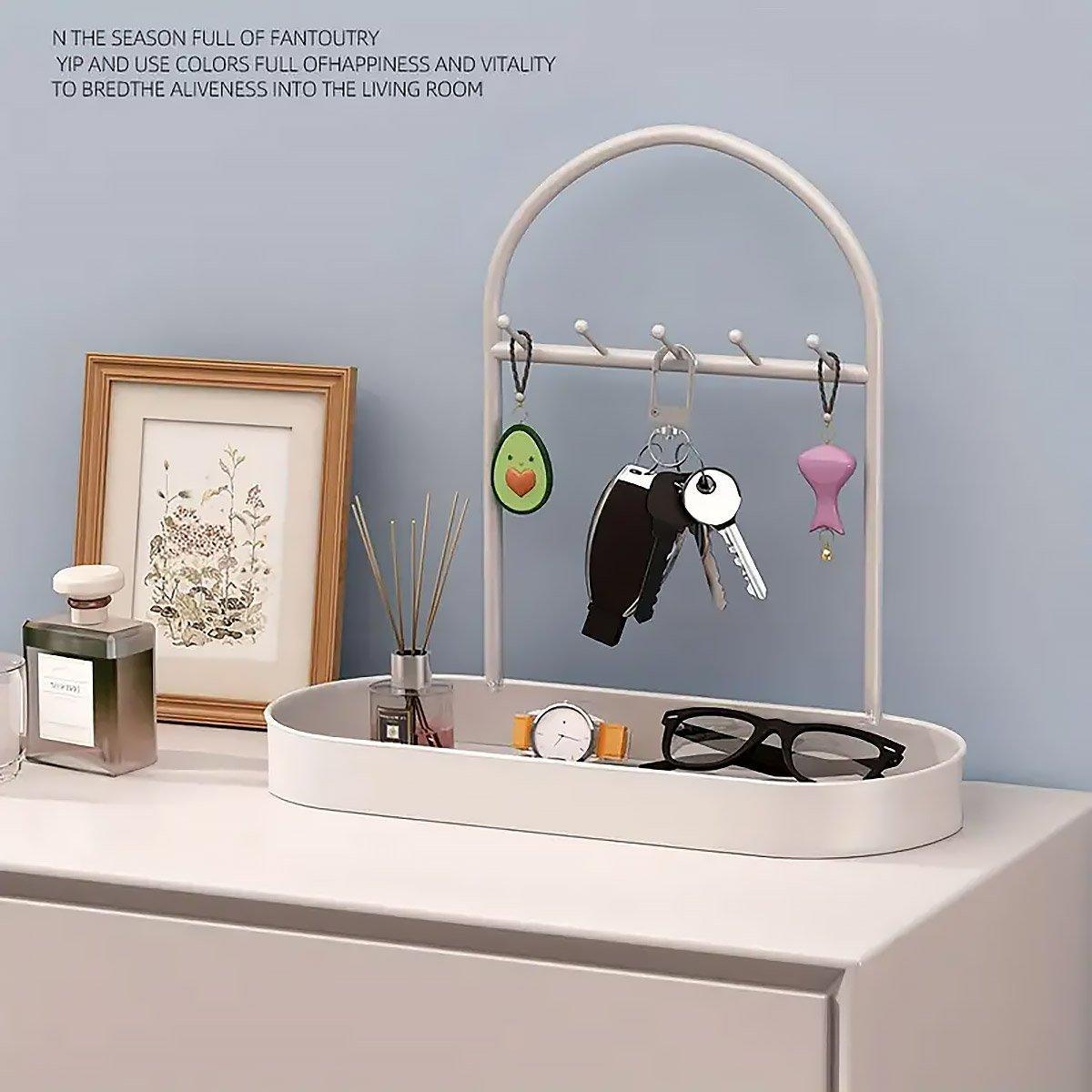 Minimalist metal and plastic entryway storage rack with key hooks and catchall tray for accessories — view 4