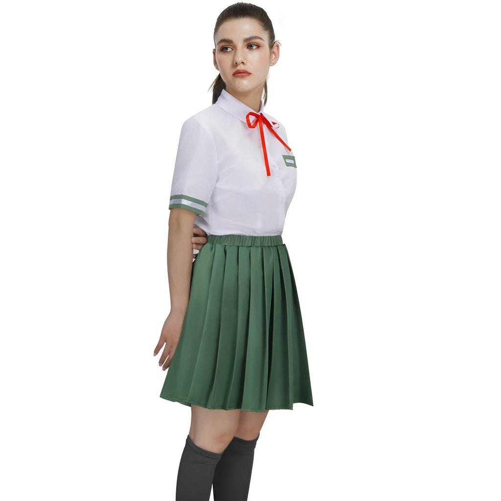 Suzume school uniform cosplay set with white shirt, green pleated skirt, red tie, and socks — view 5
