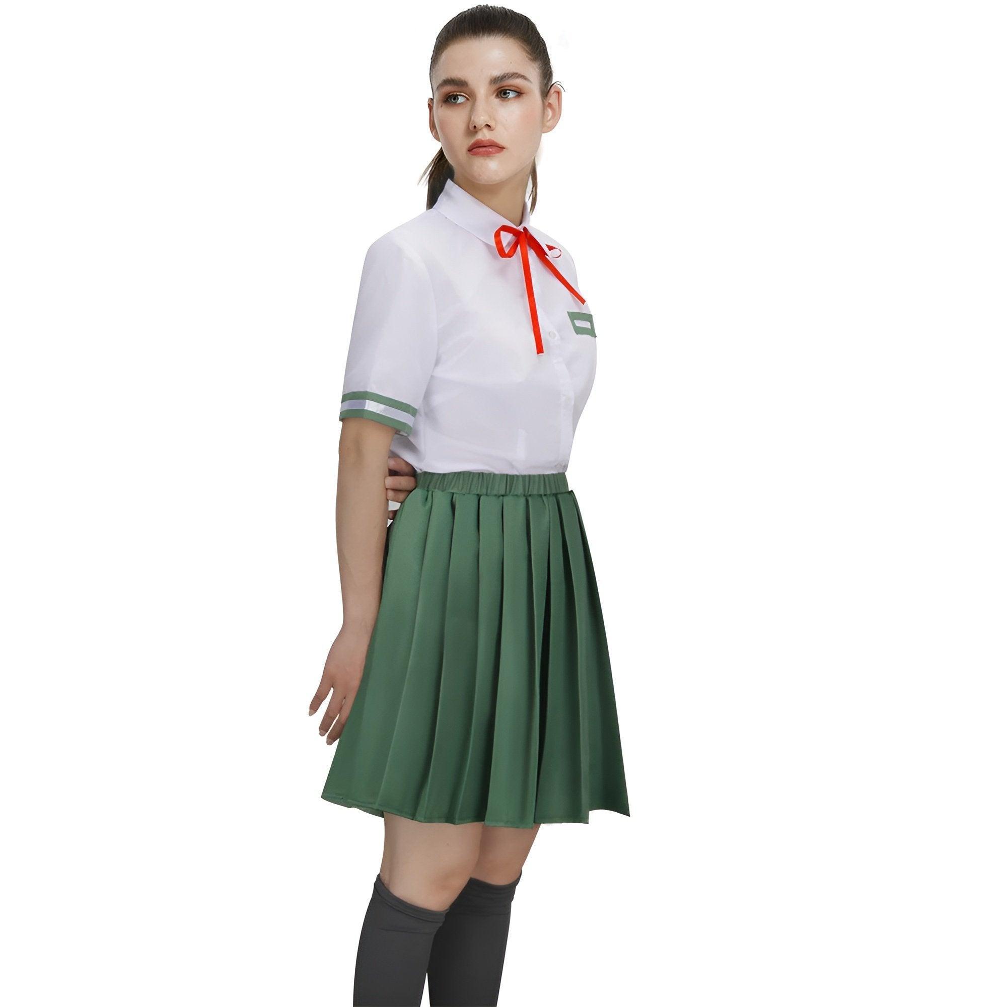 Suzume school uniform cosplay set with white shirt, green pleated skirt, red tie, and socks — view 5