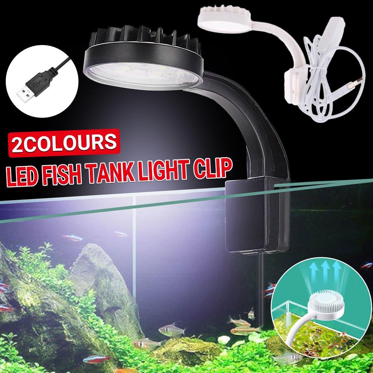 Small LED aquarium light clipped onto a desktop fish tank highlighting white and blue illumination — view 3