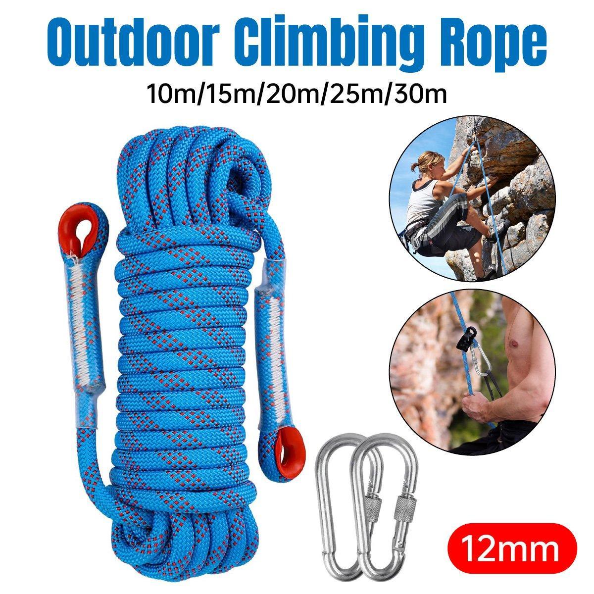 Blue heavy duty nylon climbing rope with red accents and two attached metal carabiners