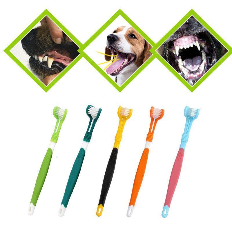 Dark green three-sided pet toothbrush with soft bristles for dog and cat dental care — view 3