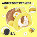 Yellow and brown honeypot shaped small animal bed made of padded cotton with removable cushion