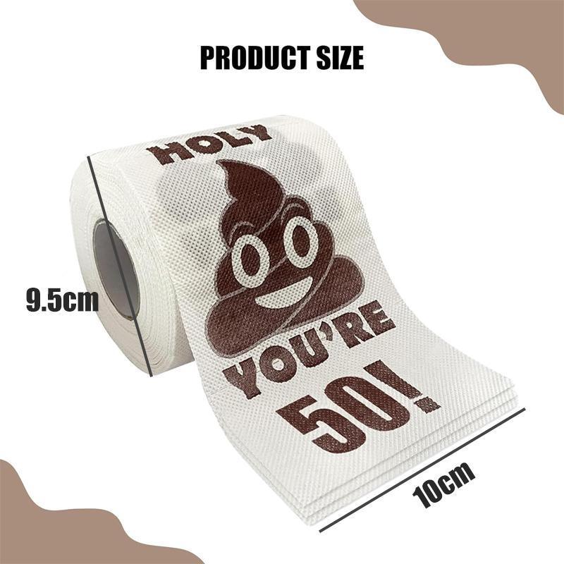 Funny milestone birthday toilet paper roll featuring a brown printed poop emoji on white paper. — view 3