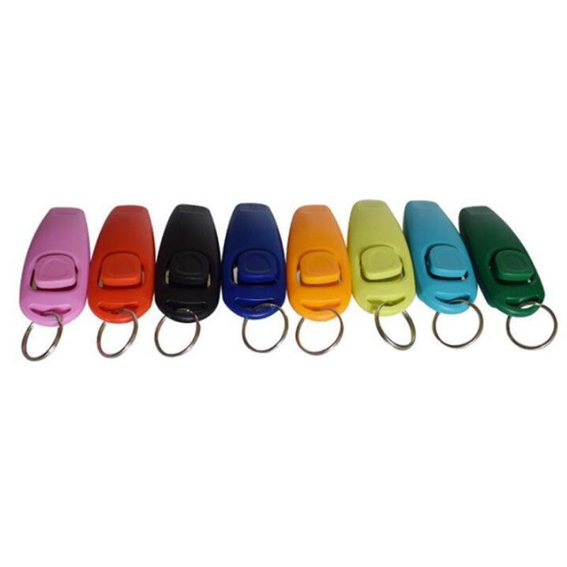 Dog whistle and clicker set for training in lightweight plastic with a convenient metal keychain attachment — view 2
