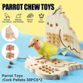 Natural wood parrot chew toy hanging puzzle cage accessory with secure metal attachment clip.