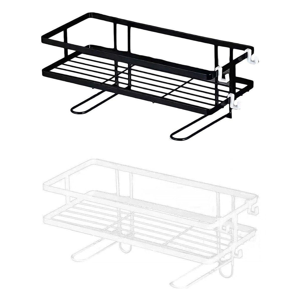 Matte black stainless steel one tier bathroom storage shelf mounted on a wall with toiletries — view 3