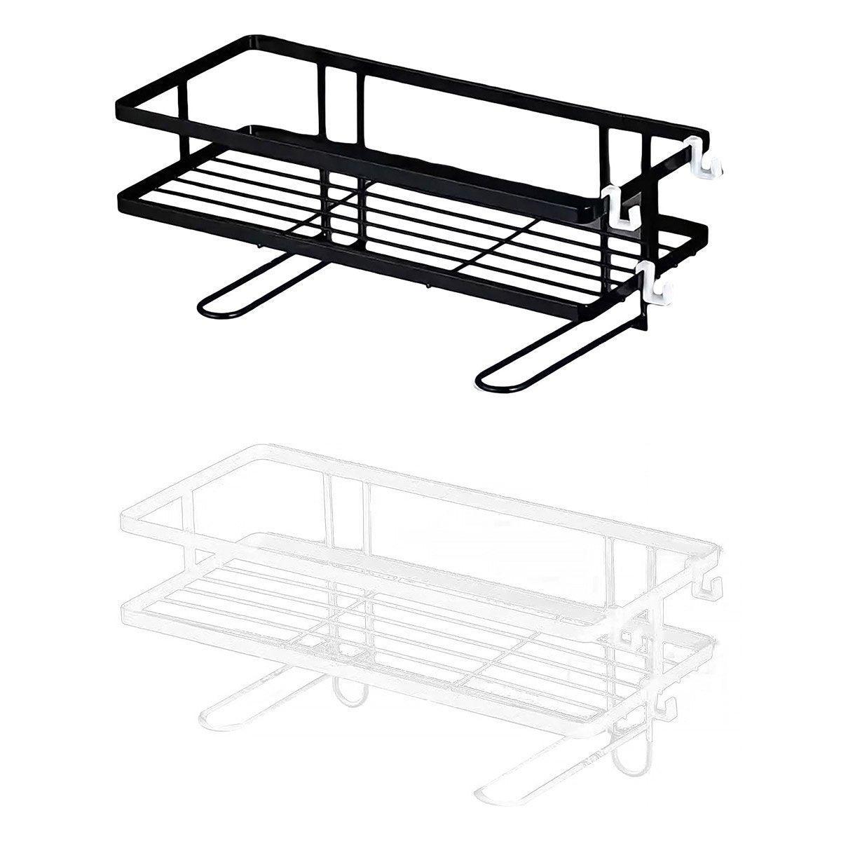 Matte black stainless steel one tier bathroom storage shelf mounted on a wall with toiletries — view 3