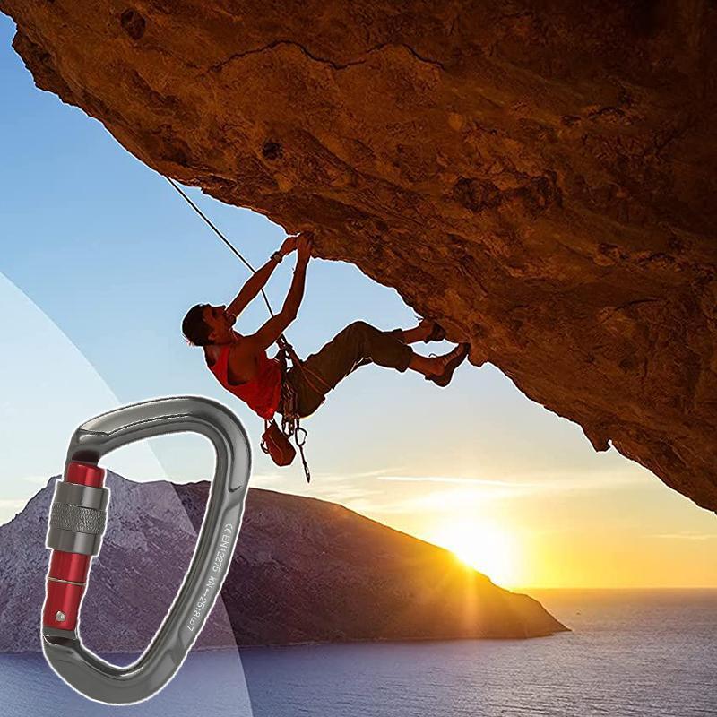 25KN heavy-duty aluminum locking rock climbing carabiner clip with screwgate D-ring design — view 5