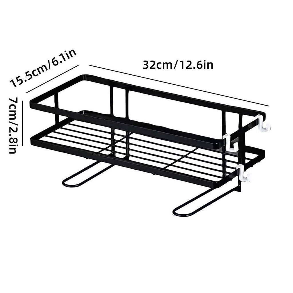 Matte black stainless steel one tier bathroom storage shelf mounted on a wall with toiletries — view 2