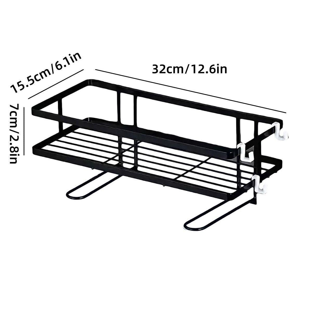 Matte black stainless steel one tier bathroom storage shelf mounted on a wall with toiletries — view 2