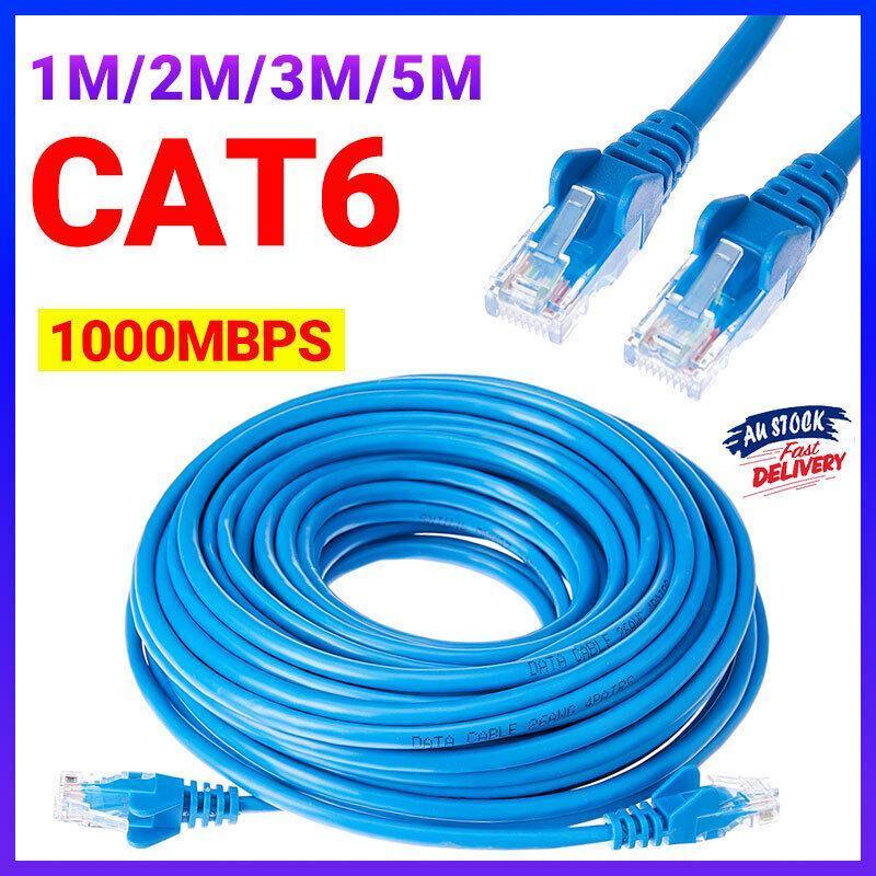 Cat6 Ethernet LAN network cable in blue with RJ45 connectors for high speed internet networking
