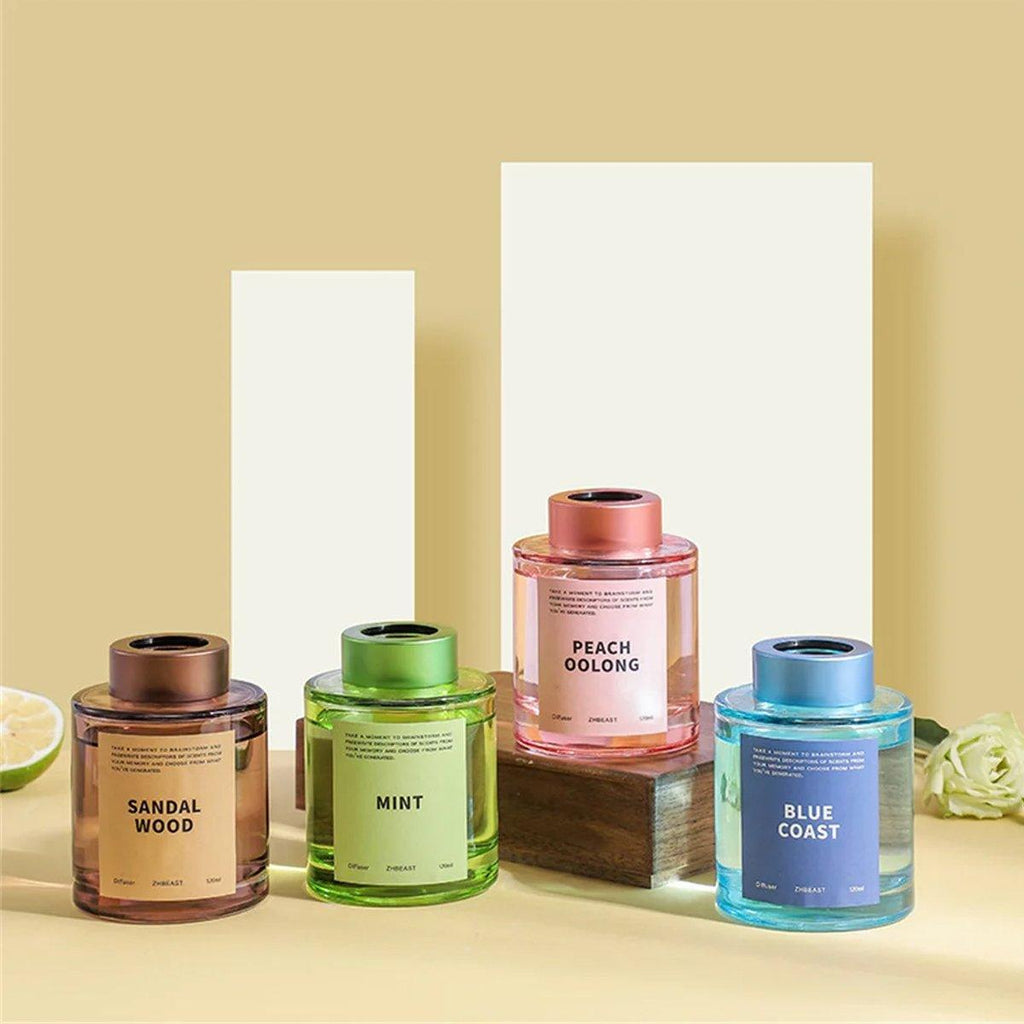 Five 120ml glass aromatherapy reed diffusers with natural rattan sticks in elegant minimalist design — view 4