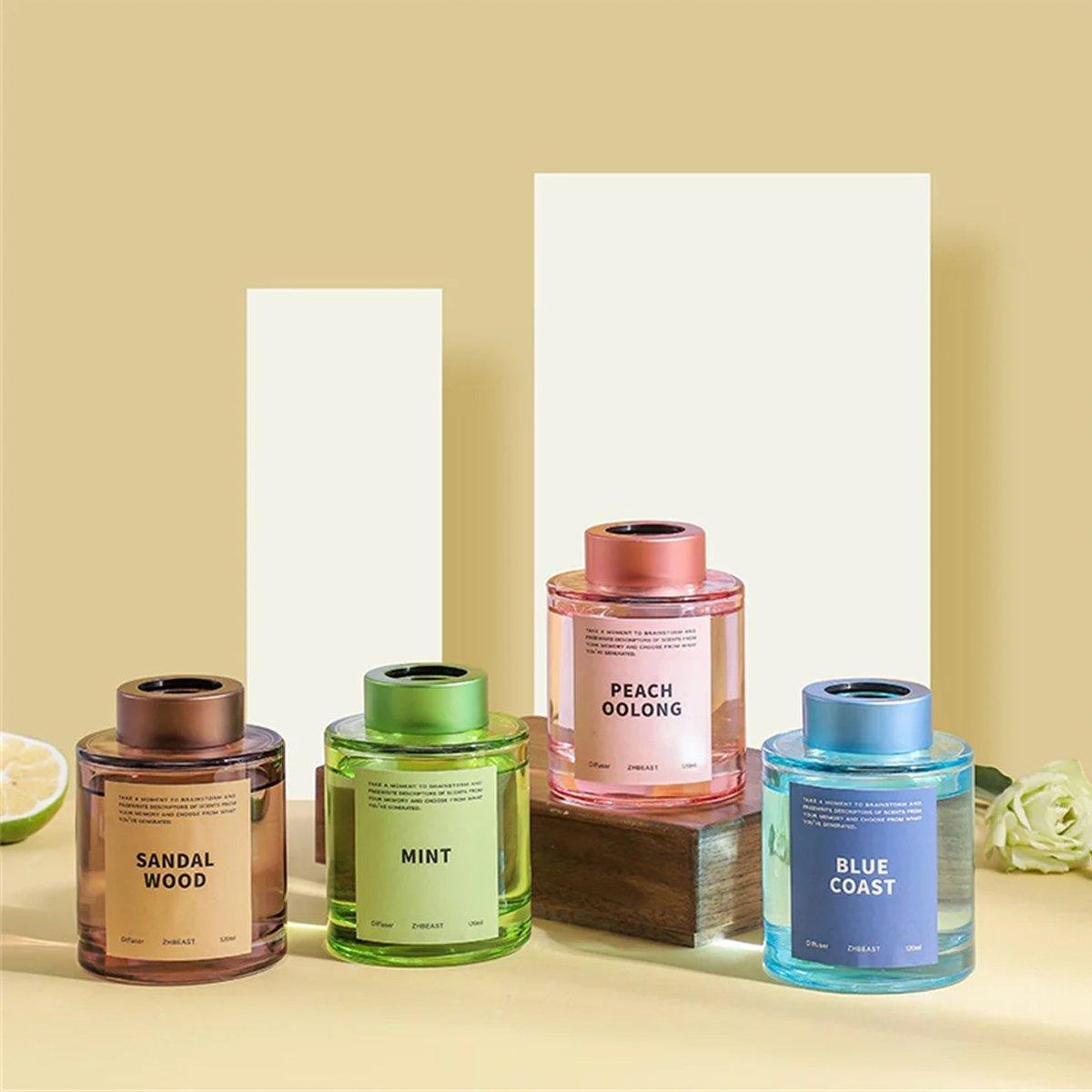 Five 120ml glass aromatherapy reed diffusers with natural rattan sticks in elegant minimalist design — view 4