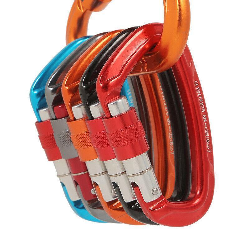 25KN heavy-duty aluminum locking rock climbing carabiner clip with screwgate D-ring design — view 3