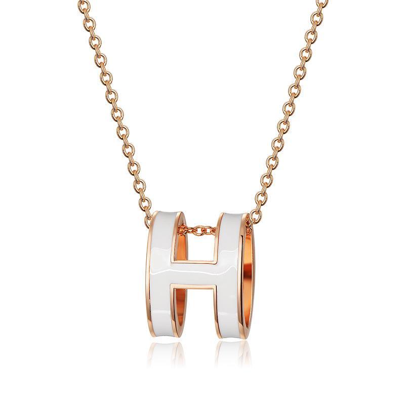 Oval enamel letter necklace in rose gold delicate clavicle chain with vibrant H initial pendant — view 2