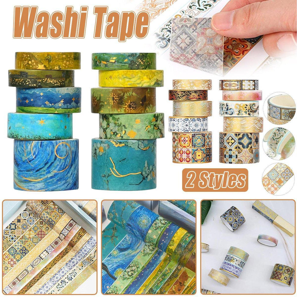 Gold foil washi tape set in assorted widths and elegant decorative patterns for scrapbooking crafts