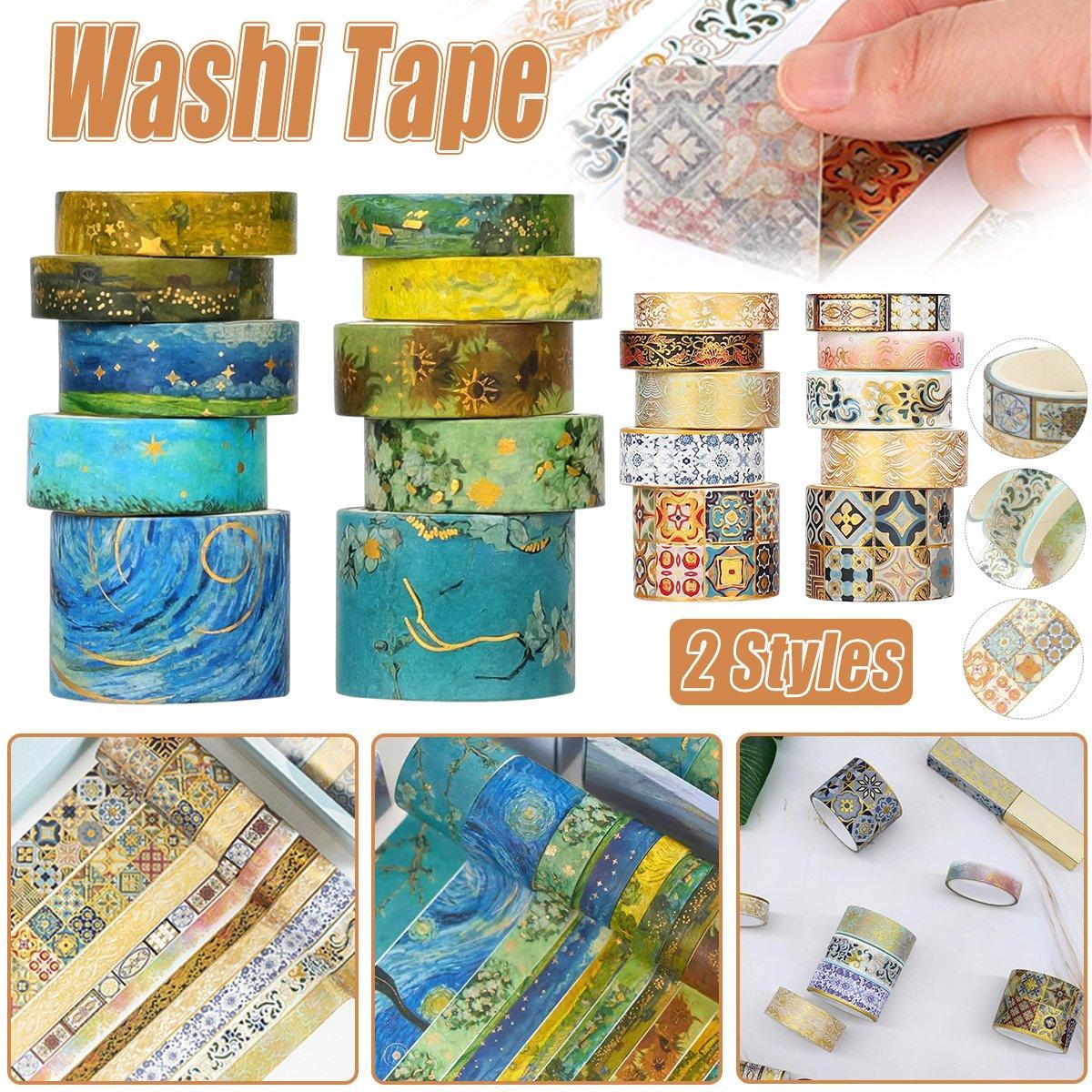 Gold foil washi tape set in assorted widths and elegant decorative patterns for scrapbooking crafts