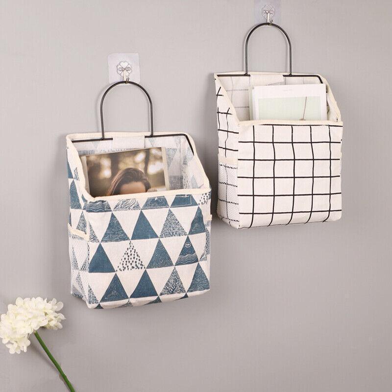 Canvas wall hanging storage bag with side pockets and steel frame hook for home organisation — view 5