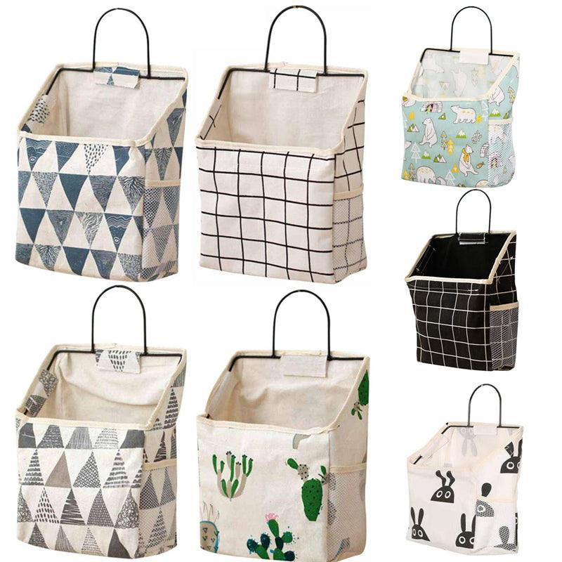 Canvas wall hanging storage bag with side pockets and steel frame hook for home organisation — view 2