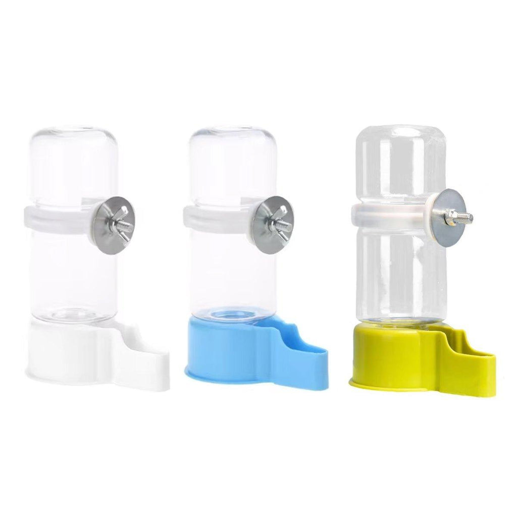 Automatic bird water feeder in transparent plastic with blue base mounted on wire cage — view 2