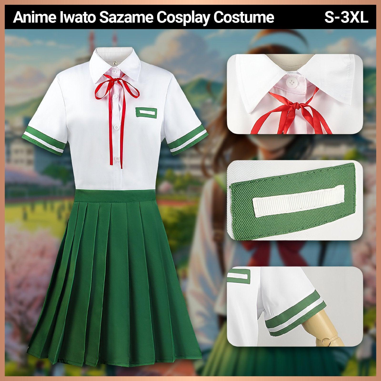 Suzume school uniform cosplay set with white shirt, green pleated skirt, red tie, and socks