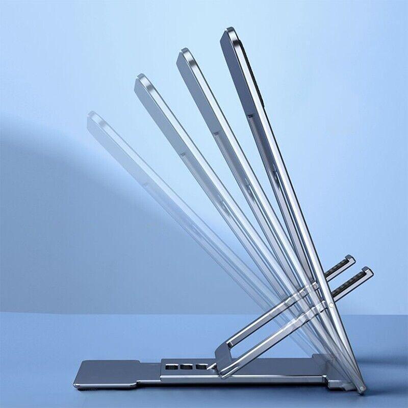 Adjustable folding black mobile phone and tablet stand with anti slip rubber grip