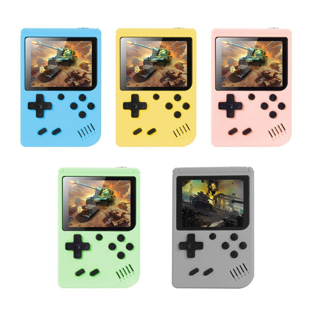 Handheld retro game console with 3-inch colour screen and directional control pad — view 2