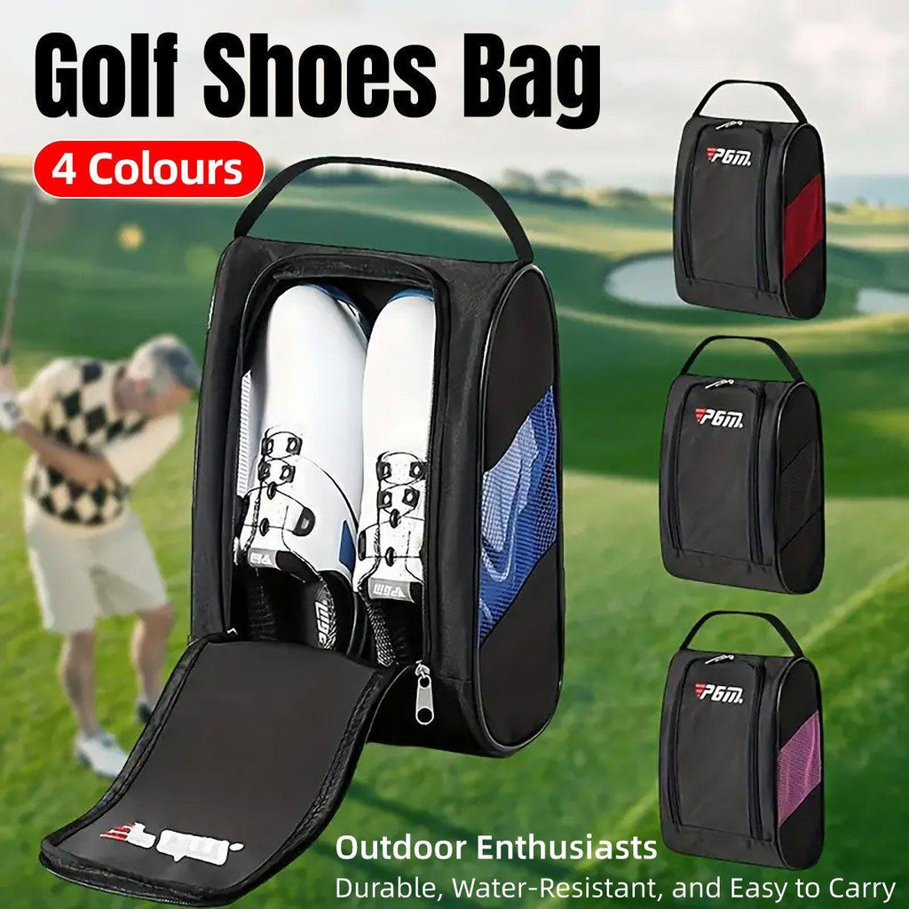 PGM golf shoe bag in breathable black nylon with side mesh panels and comfortable handle