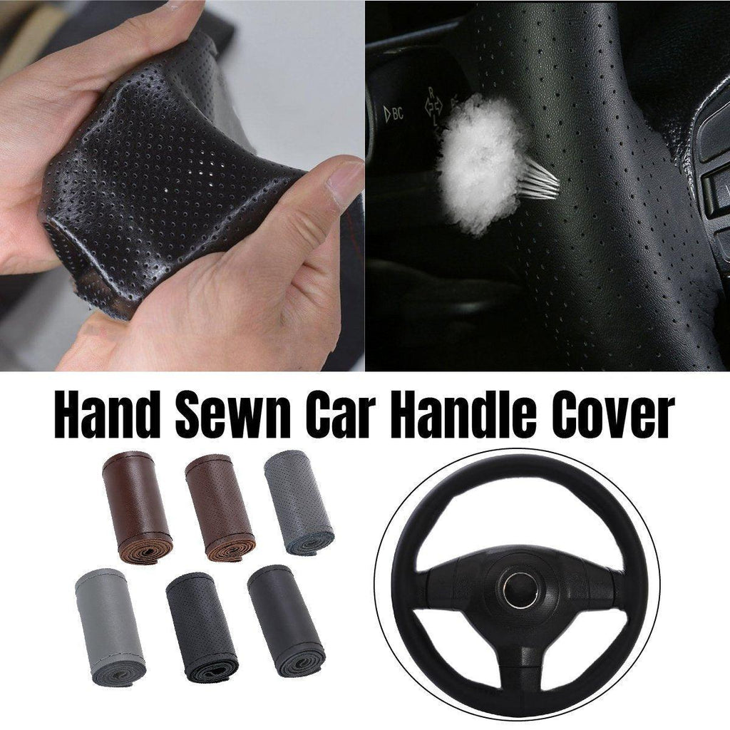 Universal car steering wheel cover in black perforated PU leather with anti-slip grip texture.