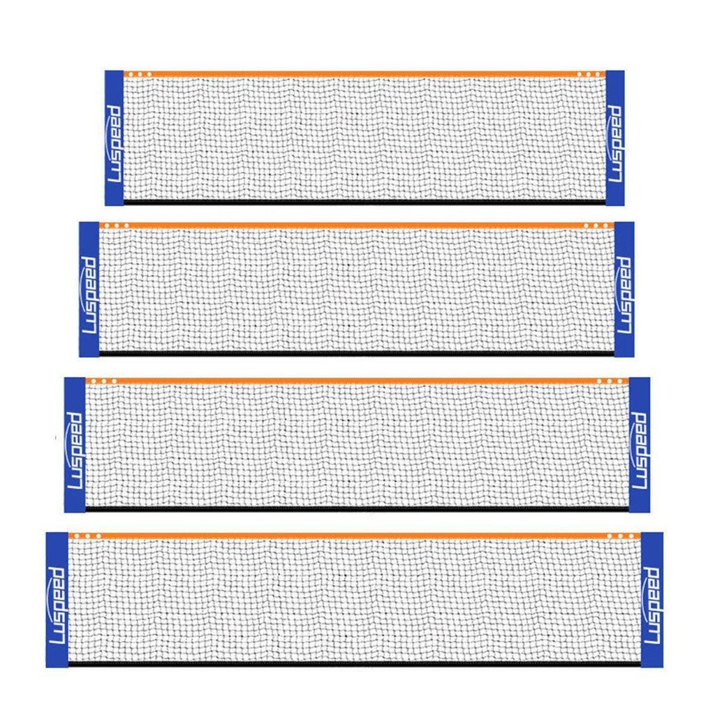 Portable outdoor badminton net in black and blue, folded and displayed without a supporting stand — view 2
