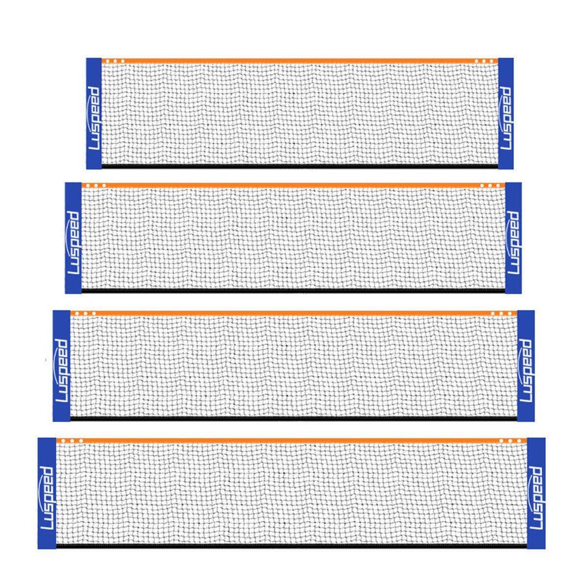 Portable outdoor badminton net in black and blue, folded and displayed without a supporting stand — view 2